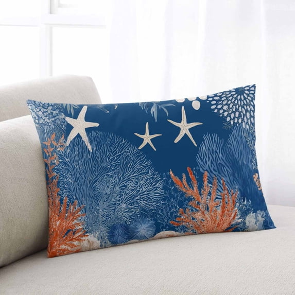 Orange Navy Blue Coral Throw Pillow Covers, Summer Beach Coastal Ocean Starfish Soft Breathable Pillow Cases with Zipper for Sleeping, Toddler Pillowcases for Couch Bed Sofa Chair 12x20 Inches