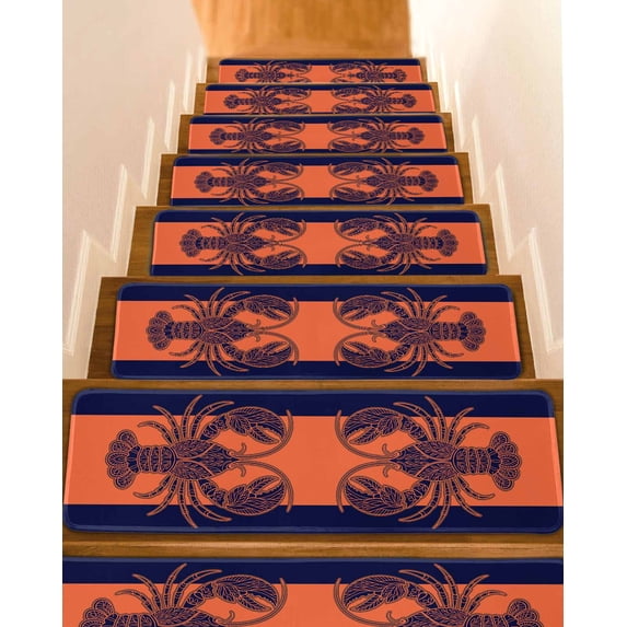 Orange Navy Blue Lobster Stair Treads Non Slip Indoor for Wooden Steps, Summer Beach Coastal Modern Art 4 Pcs Stair Mats for Elders Dogs, 8 x 30 Inch Carpet Treads Runner Rugs for Staircase
