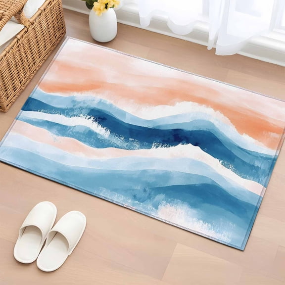 Orange Navy Blue Ombre Area Rugs 2x3 for Living Room, Abstract Beach Waves Gradient Non Slip Washable Rug Runner, Low Pile Indoor Floor Carpet Mat Bathroom Rugs for Bedroom, Kids Room