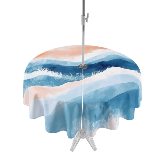 Orange Navy Blue Ombre Outdoor Tablecloth with Umbrella Hole, Abstract Beach Waves Gradient Spillproof Waterproof Outdoor Table Cover, Patio Tablecloths for Party/Garden/Picnic, Round 54 inch