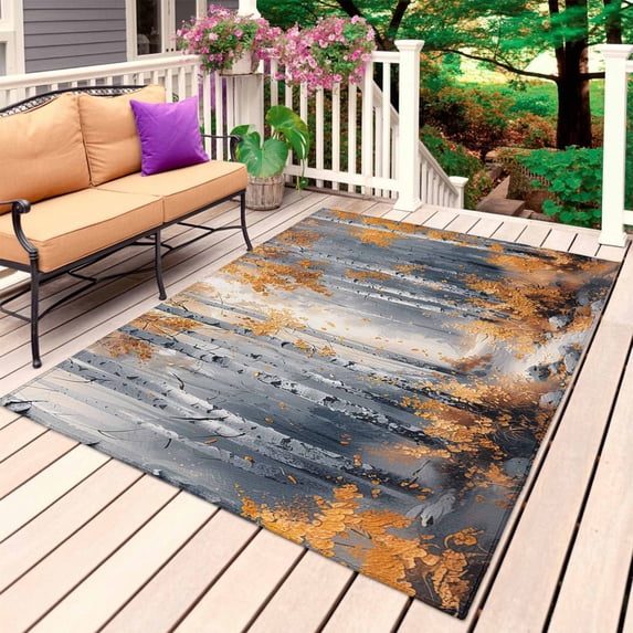 Orange Navy Blue Outdoor Rug for Patio/Deck/Porch, Non-Slip Large Area Rug 6 x 9 Ft, Modern Oil Painting Art Forest Indoor Outdoor Rugs Washable Area Rugs, Reversible Camping Rug Carpet Runner