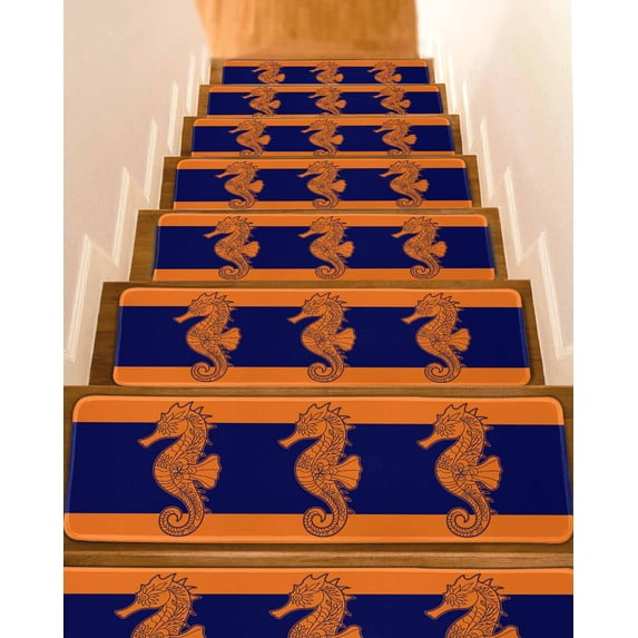 Orange Navy Blue Seahorse Stair Treads Non Slip Indoor for Wooden Steps, Summer Beach Coastal Modern 4 Pcs Stair Mats for Elders Dogs, 8 x 30 Inch Carpet Treads Runner Rugs for Staircase