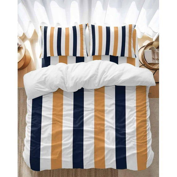 Orange Navy Blue Striped Bedding Duvet Cover Set Twin Size 4 Pieces Modern Abstract Soft Twill Plush Quilt Cover, Include 1 Duvet Cover 1 Flat Sheet And 2 Pillow