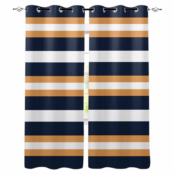 Orange Navy Blue Striped Blackout Curtains 63 Inches Long for Bedroom, Minimalist Farmhouse Lines Thermal Insulated Room Darkening Black Out Window Curtain Panels Grommet Drapes for Living Room