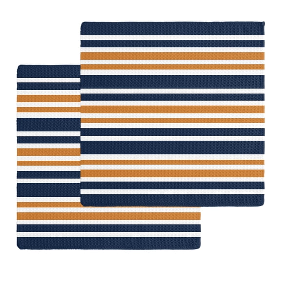 Orange Navy Blue Striped Kitchen Dish Towels for Drying Dishes Set of 2, Gradient Horizontal Lines Waffle Weave Microfiber Hand Tea Bathroom Towels Quick Dry & Absorbent Towel 12x12