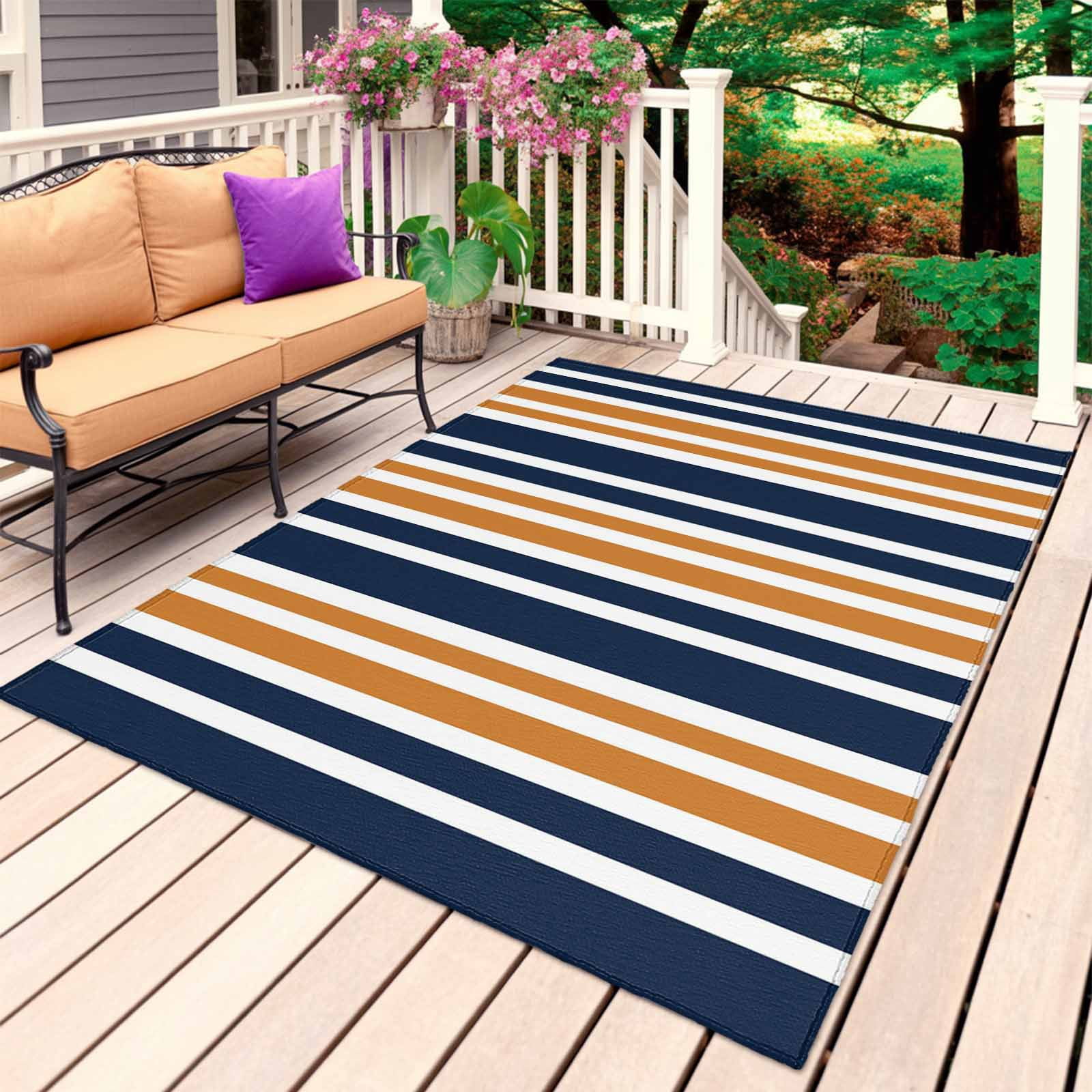 Orange Navy Blue Striped Outdoor Rug for Patio/Deck/Porch, Non-Slip Large Area Rug 5 x 7 Ft, Modern Minimalist Ombre Lines Indoor Outdoor Rugs Washable Area Rugs, Reversible Camping Rug Carpet Runner