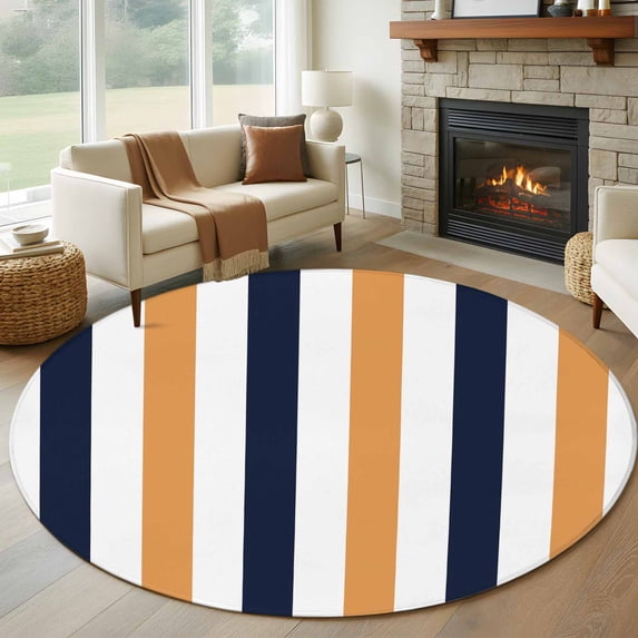Orange Navy Blue Striped Round Living Room Rugs 5 ft, Modern Washable Area Rug with Non-Slip Sturdy Edge Binding Round Carpet for Entryway Kitchen Bedroom Bathroom