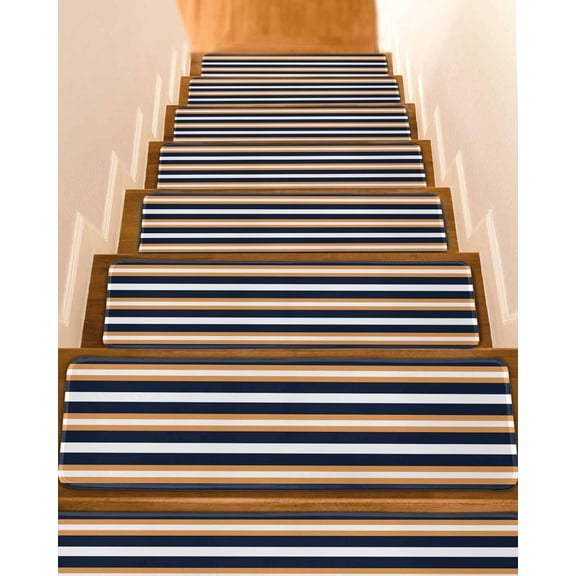Orange Navy Blue Striped Stair Treads for Wooden Steps Indoor Runner Rug Carpet, Minimalist Farmhouse Lines 4 Pieces Peel and Stick Staircase Step Treads Covers Washable Throw Door Mats, 30"x8"