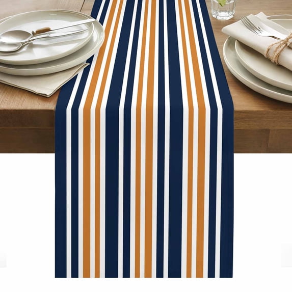 Orange Navy Blue Striped Table Runner - 48 Inch Long, Kitchen Dining Table Runner Dresser Scarves, Gradient Horizontal Lines Farmhouse Decor for Coffee Tables Wedding Party Banquet