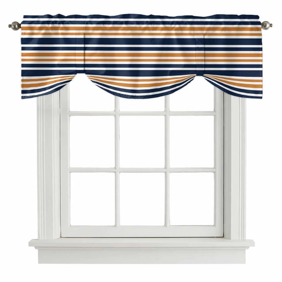 Orange Navy Blue Striped Tie Up Valance Curtains for Windows, Kitchen Curtains Window Treatments, Gradient Horizontal Lines Short Window Shades Valances for Bedroom Bathroom Cafe 42"x12"
