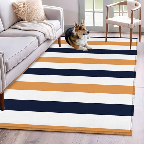 Orange Navy Blue Striped Washable Area Rugs 2.7'x5', Modern Low Pile Throw Living Room Rug Non-Slip Sturdy Edge Binding Carpet for Indoor Entryway Bedside Kitchen
