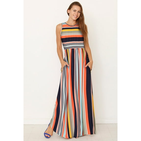 Orange & Navy Multi Stripe Sleeveless Maxi Dress
