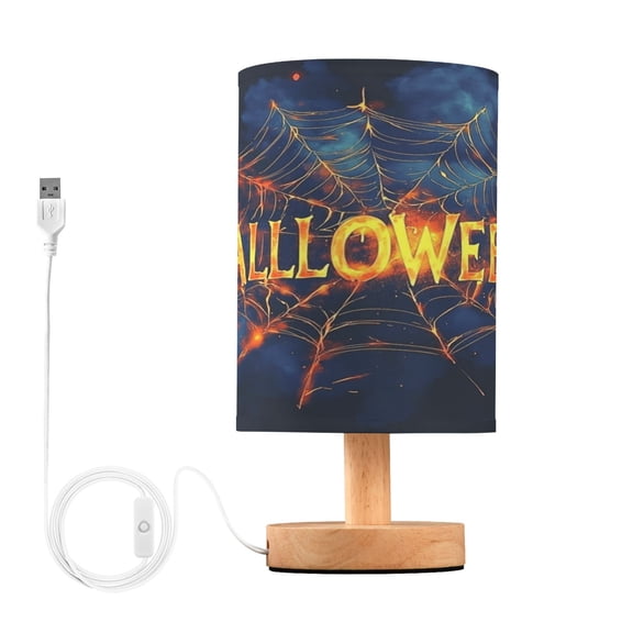 Orange Neon Spider Web Small Lamp Printed Gifts Table Lamp USB Bedside Desk Nightstand Lamp Wood Base for Bedroom Living Room Office Desk College Dorm