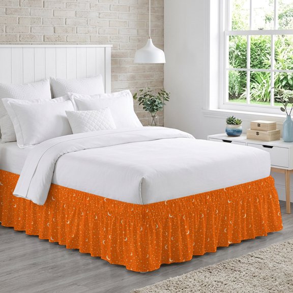 Orange Night Sky Bed Skirt Queen Size 16 Inch Drop, Mysterious Boho Moon Star Sparkles Adjustable Elastic Dust Ruffles Bedskirt for Queen Bed Wrap Around Pleated Mattress Frame Cover