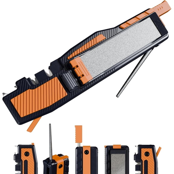 Orange Pocket Knife Sharpener with Guided Diamond Whetstones 8-in-1 Tool for EDC, Outdoor, Hunting & Camping Knives - Includes Rod, Leather Strop Fire Starter