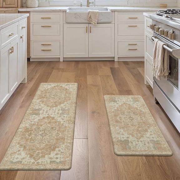 Orange Non-Slip Anti Fatigue Kitchen Mats Set of 2 Waterproof Washable PVC Rugs 17.3"x47"+17.3"x30"