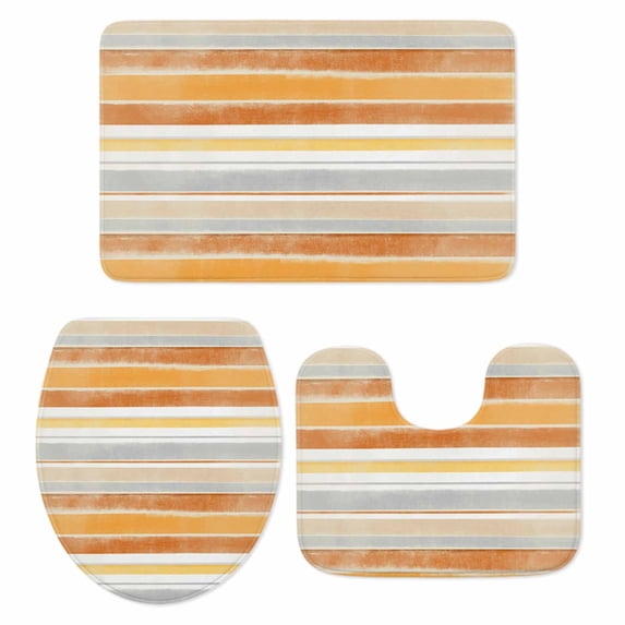 Orange Nordic Style Stripes Bath Mat 3 Piece Bathroom Rug Set, Orange Grey Texture Non Slip Bath Rug Contour Mat and Toilet Lid Cover, Absorbent Shower Mats Soft Bath Rugs and Mats Sets