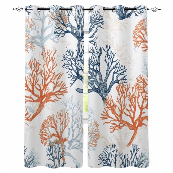 Orange Ocean Coral Blackout Curtains for Bedroom/Living Room, Thermal Insulated Kitchen Curtains, Retro Coastal Ombre Blue Gradient Grommet Darkening Window Treatment Drapes 52"x72"x2