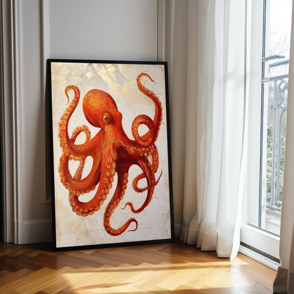Orange Octopus Modern Sea Life Art Poster Unframed Paper Print