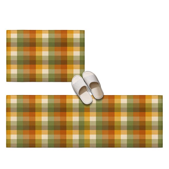 Orange Olive Plaid 2 Pieces Non-Slip Kitchen Mat Set, Rustic Warm Palette Yellow Orange Pastel Plaid Soft Door Mat with Rubber Backing, Dirtproof Rugs for Entrance Doorway, 23.6x35.4in+23.6x70.9in