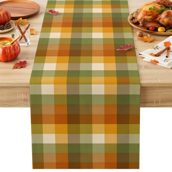 Orange Olive Plaid Cotton Linen Table Runner Rustic Warm Palette Yellow Orange Pastel Plaid Dining Table Runners for Home Decor Party Dining Room Restaurant Kitchen Party 13" x 48"