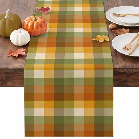 Orange Olive Plaid Table Runner, Rustic Warm Palette Yellow Orange Pastel Plaid Washable Cotton-linen Table Runners Dining Kitchen Decoration for Everyday Home Wedding Party Decor, 13 x 36 Inch