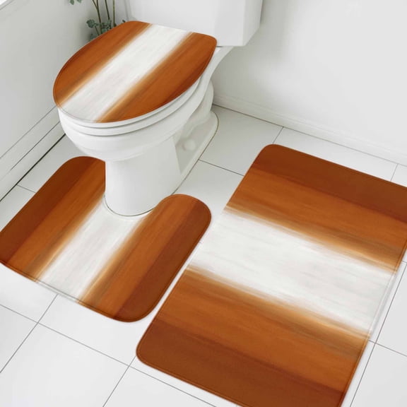 Orange Ombre Bathroom Rugs Set Abstract Burnt Orange Ombre White Stripes Modern Non Slip Absorbent Soft Bath Mats 3 Piece Set with Bathroom Rug, U-Shaped Floor Mat, Toilet Seat Cover Large Size