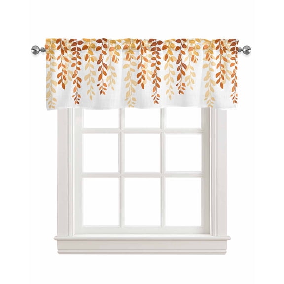 Orange Ombre Botanical Linen Curtain Valance for Bedroom/Bathroom/Kitchen/Office/Living/Dining Room Window,Watercolor Country Pastoral Leaf Rod Pocket Topper Decorative Cafe Drapes Panel 42"x18"