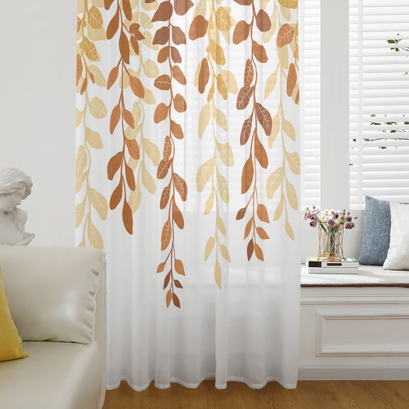 Orange Ombre Botanical Semi Sheer Curtains Drapes for Living Room,Bedroom,French Doors Window 45 Inches Long,Watercolor Country Pastoral Leaf Rod Pocket Chiffon Curtain Drapery Voile Draperies Panel