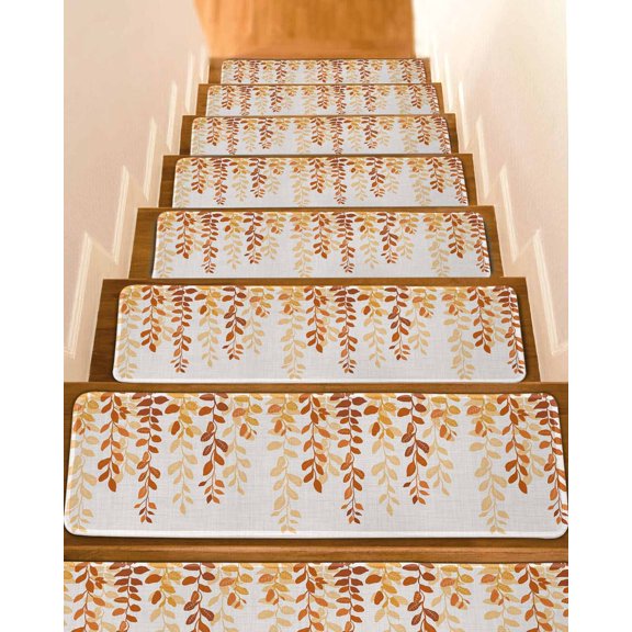 Orange Ombre Botanical Stair Treads for Wooden Steps Indoor Runner Rug Carpet, Watercolor Country Leaf Rustic 10 Pieces Peel and Stick Staircase Step Treads Covers Washable Throw Door Mats, 30"x8"