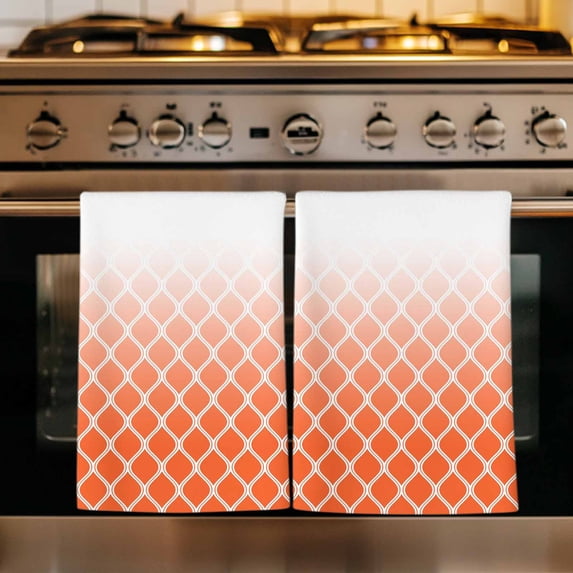 Orange Ombre Stripe Kitchen Towels Set of 2, Modern Abstract Art Gradient Striped Absorbent Dish Towels for Kitchen, Microfiber Hand Towel, Quick Drying Tea Towel for Cleaning Decorative Dishcloths