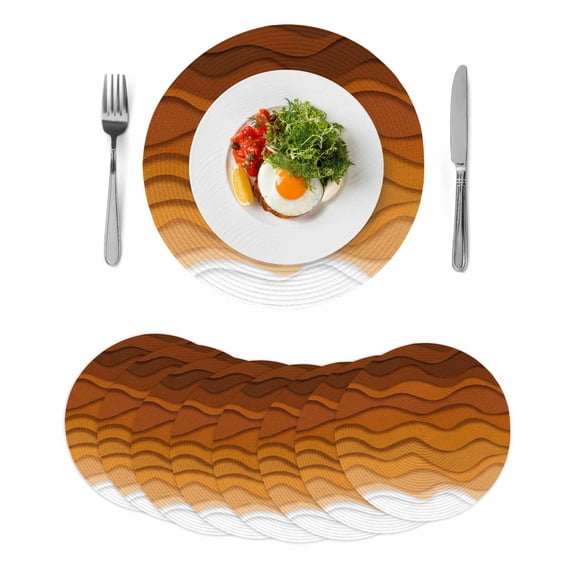 Orange Ombre Stripes Round 15 Inch Placemats Set of 8, Farmhouse Retro Abstract Waves Art HeatResistant Non Slip Place Mats for Dining Table, Wipeable Braided Kitchen Table Mats for Housewarming