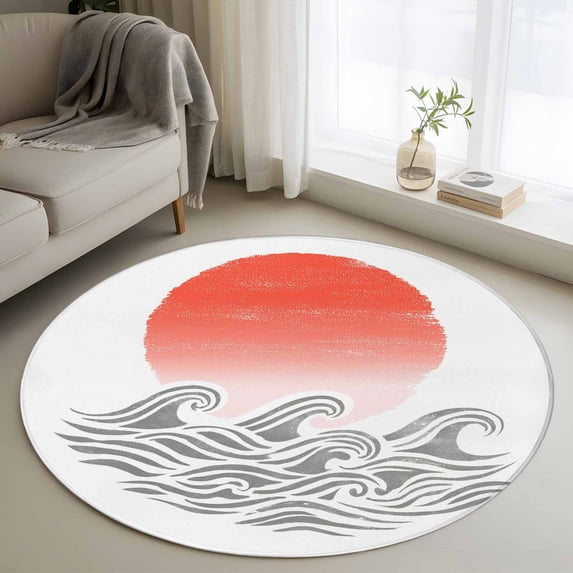 Orange Ombre Sun Rise Round Area Rug 3Ft Washable Small Circle Rugs for Kitchen Entryway, Ocean Waves Coastal Abstract Art Non-Slip Carpet Floor Mats Indoor Outdoor Carpet Runner Aesthetic Home Decor
