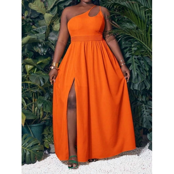 Orange One-Shoulder High-Slit Plus Size Maxi Dress For Women Summer Leisure Vacation