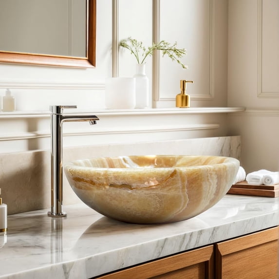 Orange Onyx Vessel Sink – Handcrafted Round Bathroom Basin, 14.76 Inch Polished Natural Stone Sink with Unique Veining, Durable Marble Vanity Sink for Luxury and Modern Bathrooms