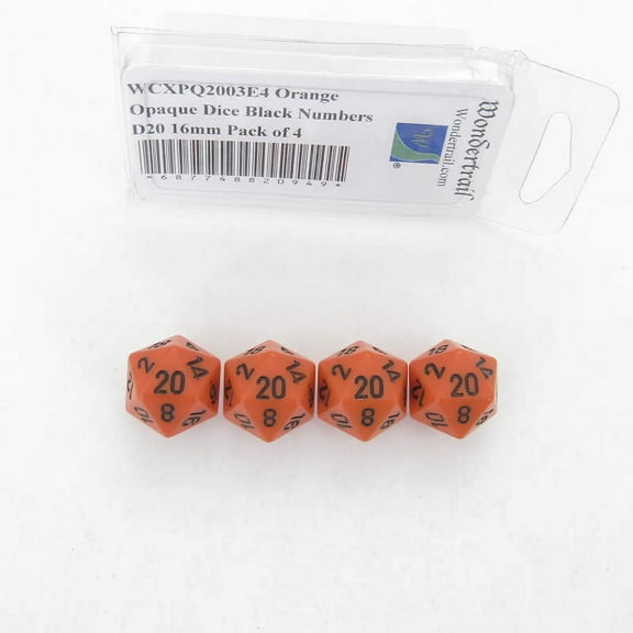 Orange Opaque Dice with Black Numbers D20 Aprox 16mm (5/8in) Pack of 4 Wondertrail