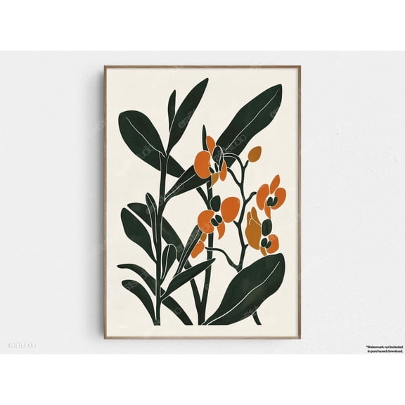 Orange Orchid Flower With Green Leaves Original Midcentury Modern Minimalist Wall Art