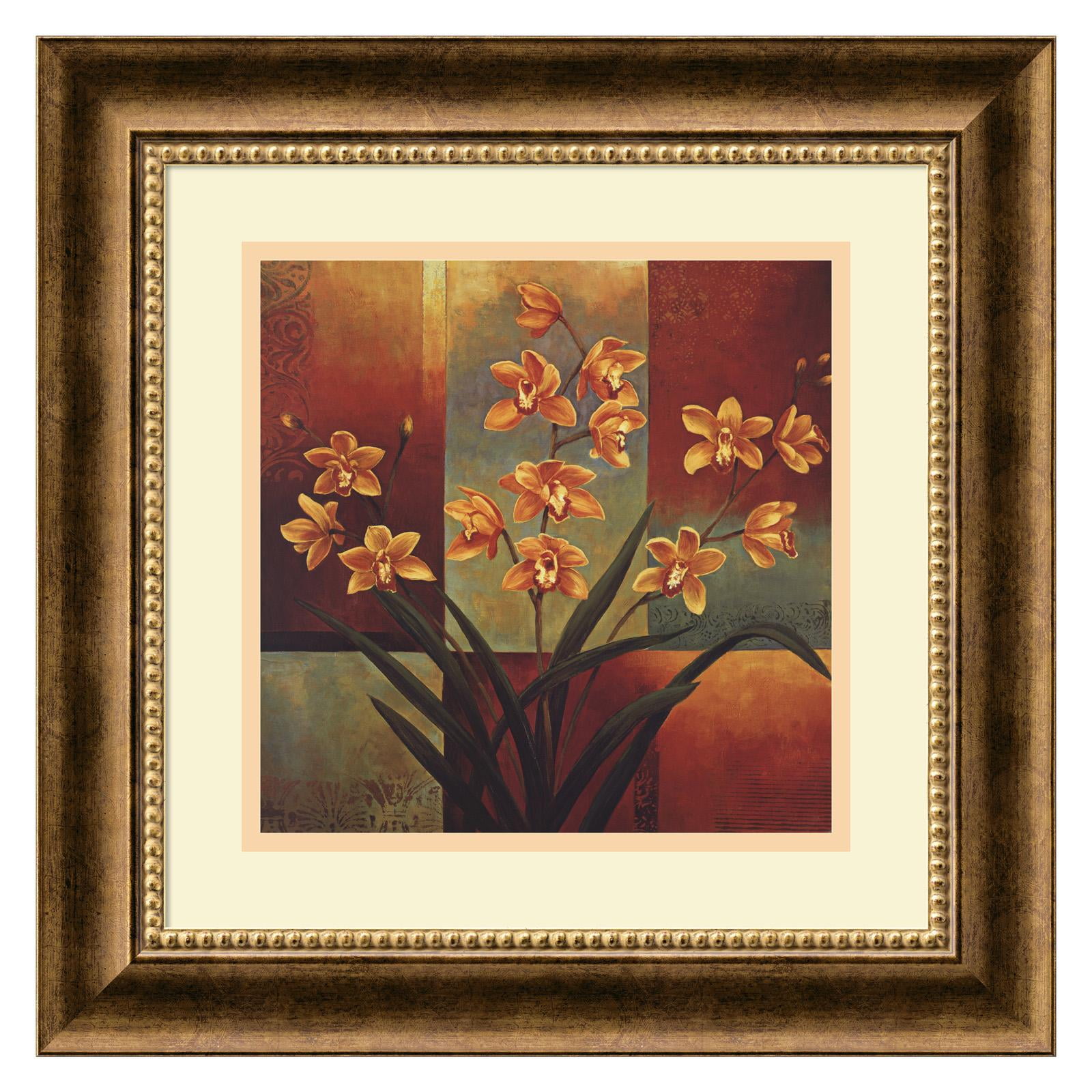 Orange Orchid Beaded Bronze Framed Wall Art 16.72" x 16.72"