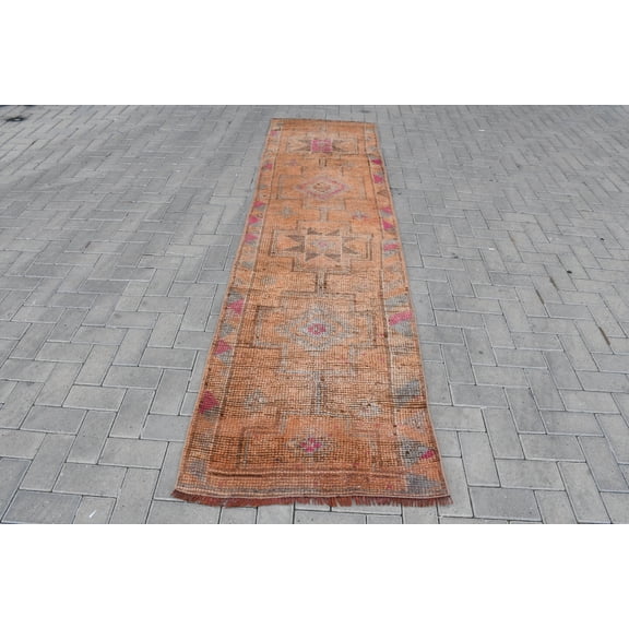 Orange Oriental Rug, 2.6x10 ft Area Rugs, Anatolian Rug, Turkish Rug, Rugs For Kitchen, Vintage Rug, Organic Nursery Rug