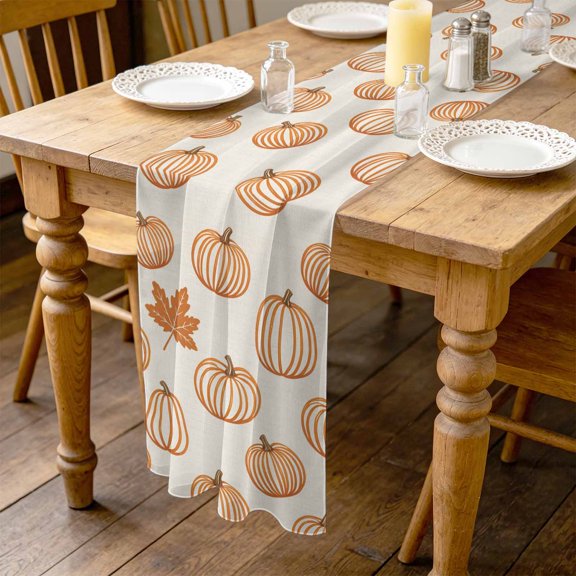 Orange Outline Pumpkins 10ft Cheesecloth Table Runner for Wedding 27"x120", Autumn Maple Leaf Beige Kitchen Dinner Sheer Tulle Chiffon Dresser Scarf, Holiday Party Decorations