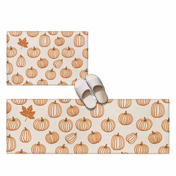 Orange Outline Pumpkins 2 Pieces Non-Slip Kitchen Mat Set, Autumn Maple Leaf Beige Soft Door Mat with Rubber Backing, Dirtproof Rugs for Entrance Doorway, 23.6x35.4in+23.6x70.9in