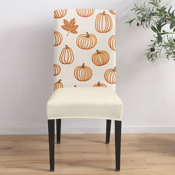 Orange Outline Pumpkins Dining Chair Covers Set of 1, Autumn Maple Leaf Beige Chair Covers for Dining Room Removable Seat Protectors Slipcovers for Home Party Wedding Banquet