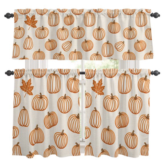 Orange Outline Pumpkins Kitchen Curtains Valance and Tier Set Autumn Maple Leaf Beige Rod Pocket Short Curtains for Small Window 3 Pieces Set for Bedroom Bathroom Cafe (54" x 18"+27" x 36")