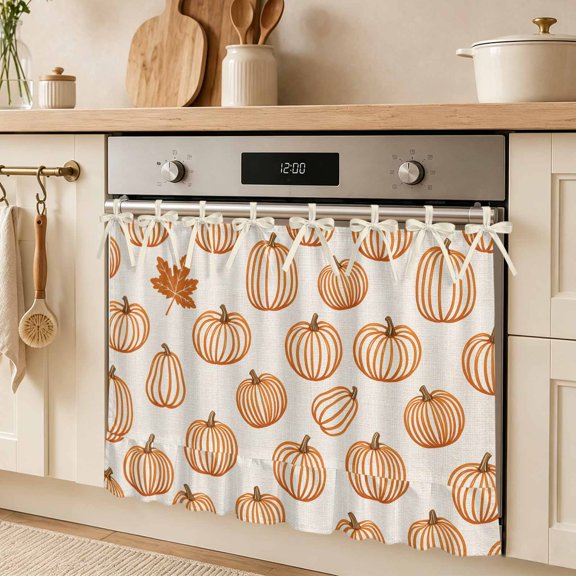 Orange Outline Pumpkins Oven Skirt Curtain, Autumn Maple Leaf Beige Tie Top Tier Curtains Stove Dishwasher Skirt Small Window Drapes for Kitchen Bathroom Cafe 32"x24"