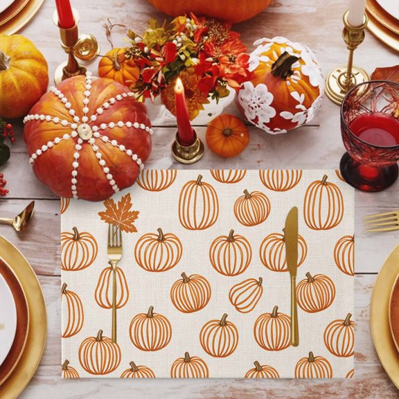 Orange Outline Pumpkins Placemats Set of 2, Autumn Maple Leaf Beige Non-Slip Place Mats Washable Table Mats for Kitchen Dining Table Decorations Indoor/Outdoor