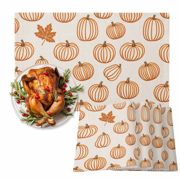Orange Outline Pumpkins Placemats Set of 4, Autumn Maple Leaf Beige Heat Insulated Linen Place Mats, Washable Stain-Proof Table Mats for Dining Tables Holiday Decor 13x19 Inches