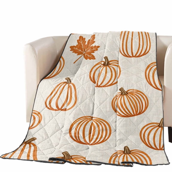Orange Outline Pumpkins Quilted Comforters Cooling Blanket King Size, Autumn Maple Leaf Beige Cold Comfort for Hot Sleepers Lightweight Air Conditioning Quilt Blanket for Bed