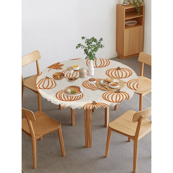 Orange Outline Pumpkins Round Fitted Tablecloth with Elastic Edge, Autumn Maple Leaf Beige Waterproof Stretch Table Covers for 45"-54" Tables Wipeable Table Cloth for Outdoor