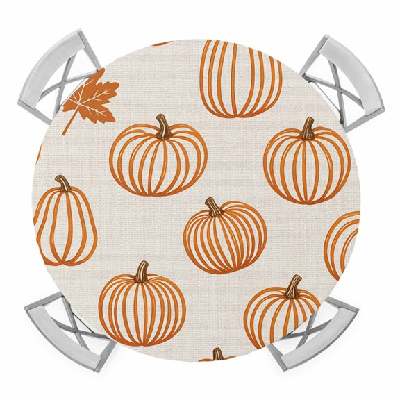 Orange Outline Pumpkins Round Table Cover, Autumn Maple Leaf Beige Waterproof Fitted Tablecloths for 45"-54" Tables, Washable Picnic Table Cover for Camping Dining Indoor Outdoor