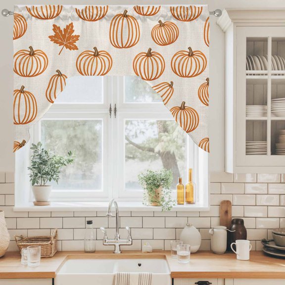Orange Outline Pumpkins Swag Valance for Windows, Autumn Maple Leaf Beige Swag Curtains Valances for Small Window Treatment Rod Pocket for Kitchen Bathroom 1 Panel 56x36in
